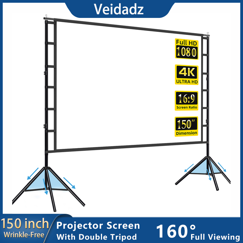 Home Cinema Rack - スタンド付きVidadz-プロジェクタースクリーン、白いしわのない、160 ° 表示角度、60-150インチ、両面、ホームシアター、アウトドア