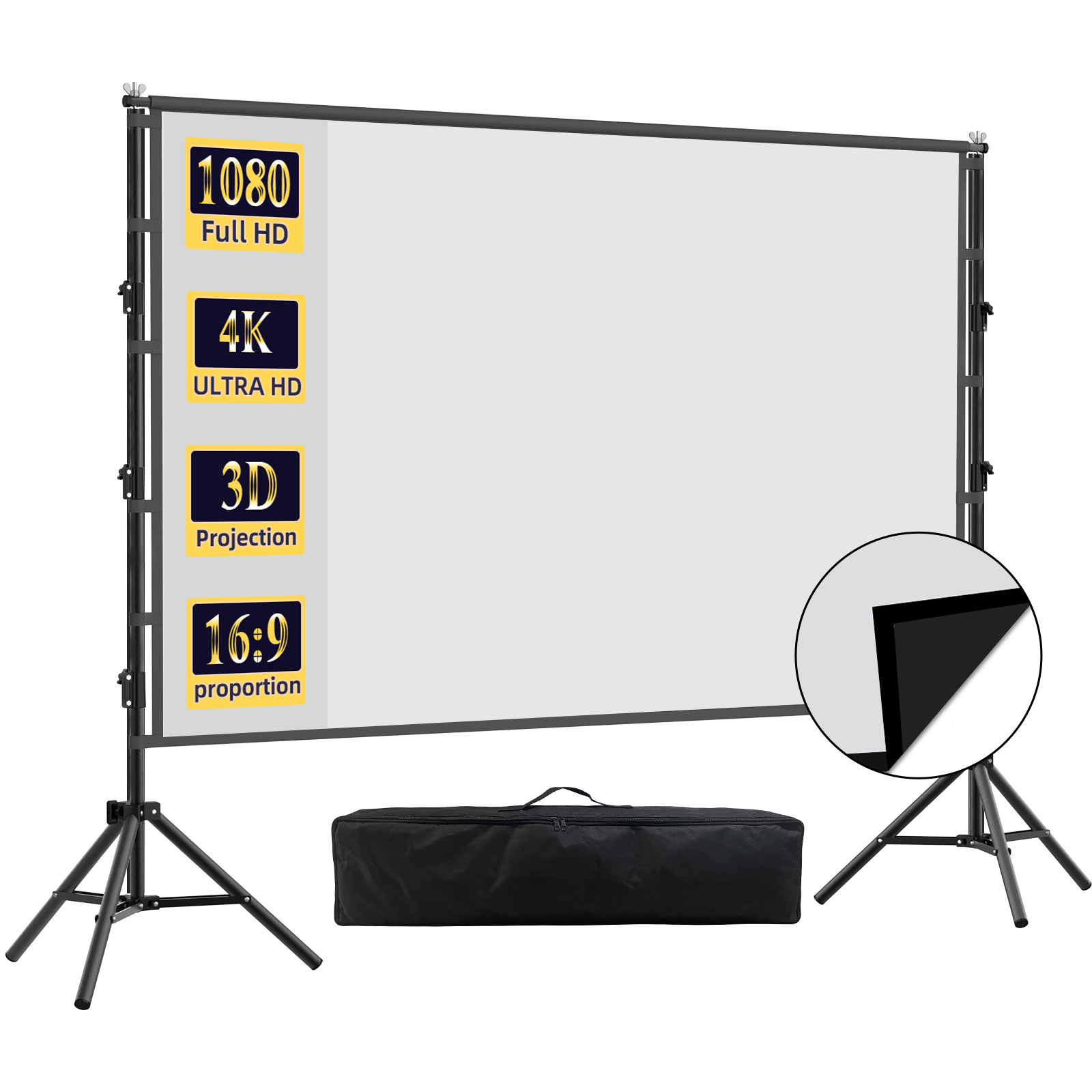 Home Cinema Rack - VEIDADZ 投影スクリーン スタンド付き、黒色背景、しわになりにくい、60-150インチ、ホームシアターや屋外での使用に最適